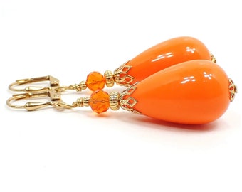 Handmade Large Chunky Bright Orange Teardrop Earrings, Gold Plated, Hook Lever Back or Clip On