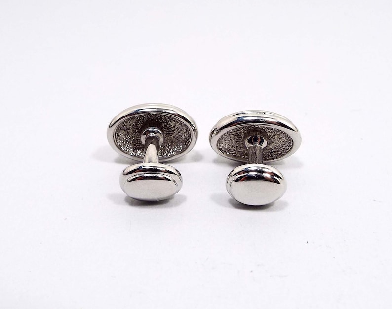 Black Plastic Front Bean Back Vintage Cufflinks Curved Silver Tone Oval Cuff Links Mid Century 1950s 50s Gentleman Jewelry