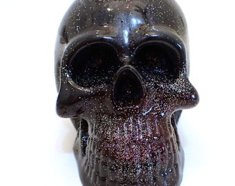 Large Handmade Black and Dark Purple Resin Skull with Iridescent Glitter