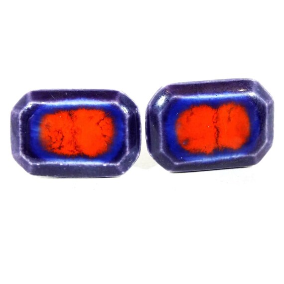 Blue and Red Ceramic Octagon Vintage Cufflinks, G… - image 1