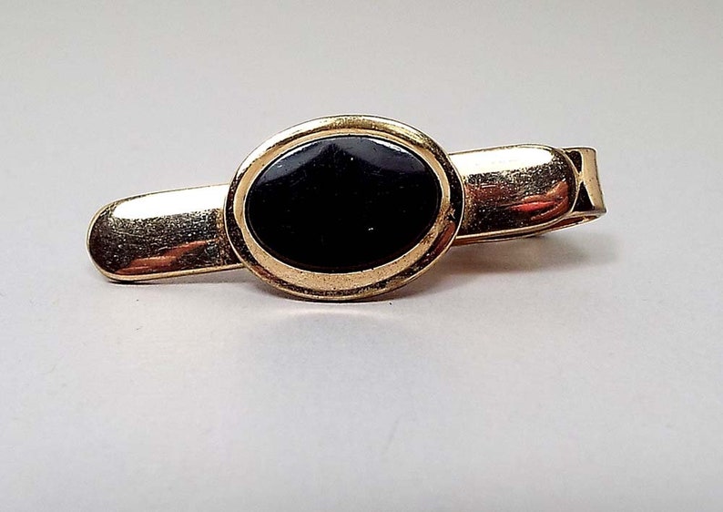 Speidel Signed Made in USA Gift for Him Gentleman Jewelry Vintage Tie Clip Retro 1980s 80s Black and Gold Tone Black Tie Clip