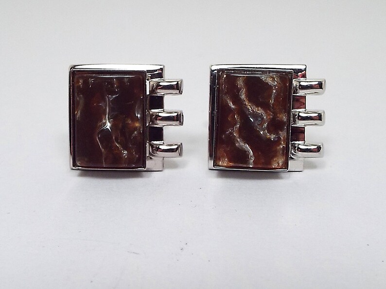Mid Century 1960s 60s Silver Tone Cuff Links Modernist Rectangle Brown Lucite Cufflinks