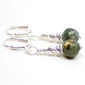 Handmade Rainforest Jasper Gemstone Earrings, Boho Jewelry, Silver Plated, Hook Lever Back or Clip On