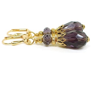 Handmade Grape Candy Purple Glass Crystal Teardrop Earrings, Gold Plated, Hook Lever Back or Clip On