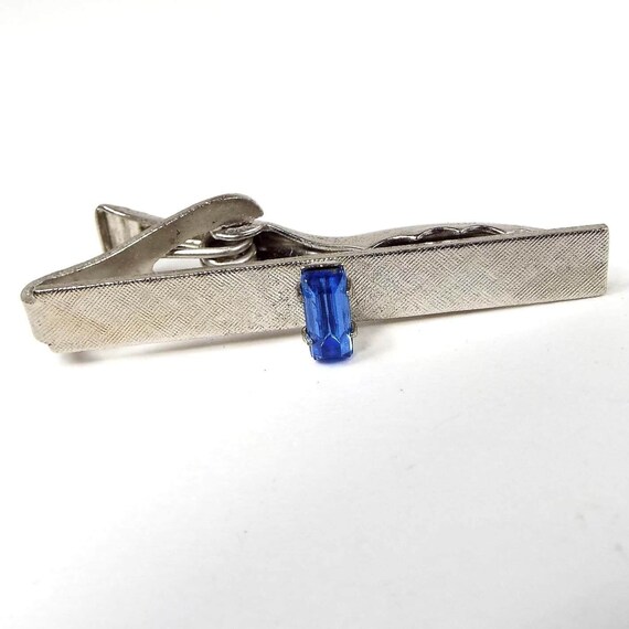 1970's Blue Rhinestone Vintage Tie Clip, Textured… - image 1