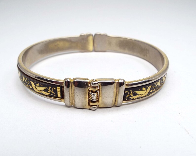 Mid Century 1950s 50s Birds and Flowers Damascene Vintage Hinged Bangle Bracelet
