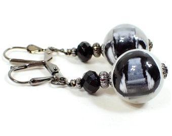 Handmade Black and White Lucite Drop Earrings, Gunmetal Plated, Hook Lever Back or Clip On