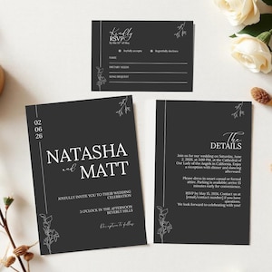 Invitación de boda minimalista en blanco y negro: Plantilla editable de Canva (descarga digital)