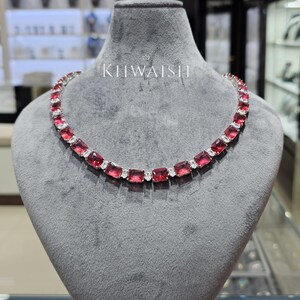 Elegant smaragdslipad rubinröd diamant silverstenar cz statement halsband set och örhängen, diamantsmycken, rubin diamanthalsband, cz smycken