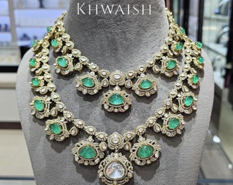 Layered Mint Green Emerald Uncut Kundan Polki long Choker Necklace Set,Polki jewelry, Kundan necklace, Indian jewelry, Sabyasachi jewelry