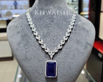 Classy Blue Diamond Emerald Cut Marquise Stones Cz Statement Necklace set and earrings, Diamond jewelry,Diamond necklace,Cz jewelry