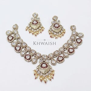 Grand Ruby Uncut Mossianite Polki Silver Pearls Choker Kundan Necklace & earrings Set,Polki jewelry,Kundan necklace,Sabyasachi jewelry