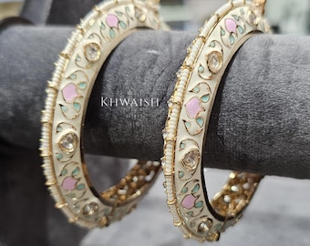 Kundan Polki Silver Bangles, Enamel Indian Jewelry