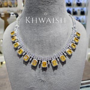 Grand Yellow Canary Diamond Silver Stones Cz Statement Necklace set and earrings, Diamond jewelry, Yellow Diamond necklace,Cz jewelry