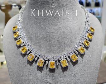 Yellow Canary Diamond Emerald Cut Stones Cz Statement Necklace set and earrings, Diamond jewelry, Yellow Diamond necklace,Cz jewelry