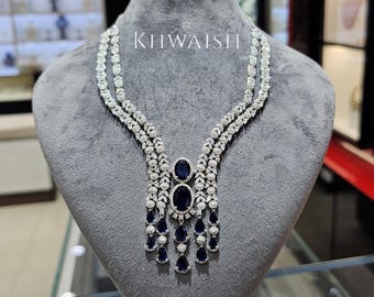 Blue Sapphire CZ Waterfall Necklace and Earrings Set