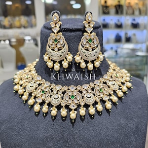 Emerald Enamel Kundan Polki Silver Pearls Choker Necklace & earrings Set,Polki jewelry,Kundan necklace,Indian jewelry,Sabyasachi jewelry