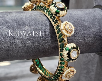 Green Meenakari Enamel Polki Kundan Silver Bangle Bracelet
