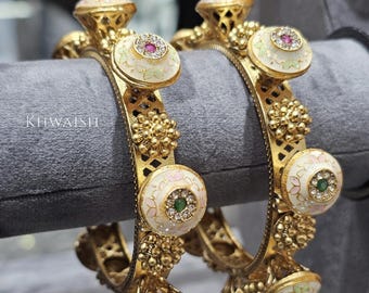 Antique Gold Polki Jadau Silver Bangles, Enamel Kundan Jewelry