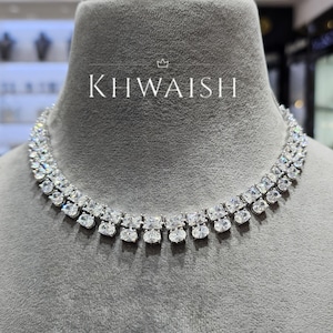 Conjunto de collar gargantilla y pendientes Grand Radiant Oval Multi Cut Diamond Stones Silver Cz Statement String Choker, joyería de diamantes, collar de diamantes
