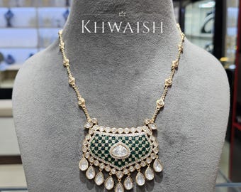 Green Meenakari Enamel Kundan Polki Silver Necklace Earrings, Indian Jewelry
