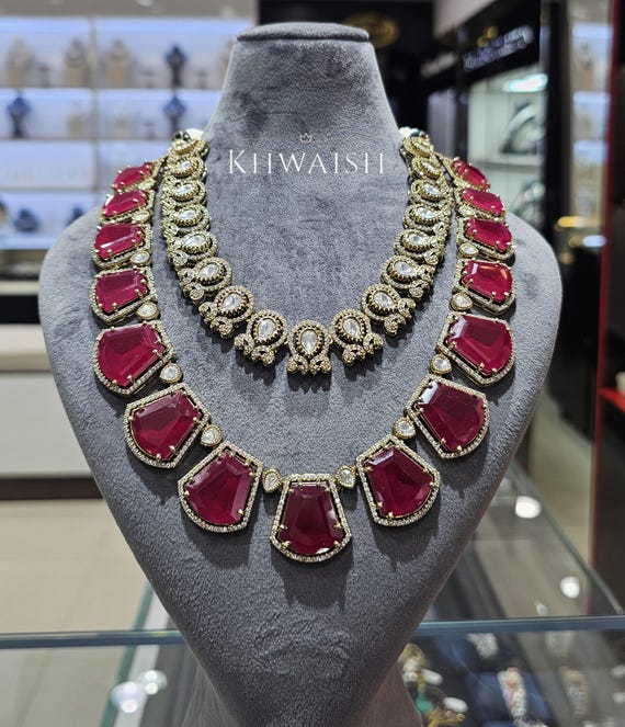 Ruby Kundan Polki Silver Choker Necklace Earrings Set