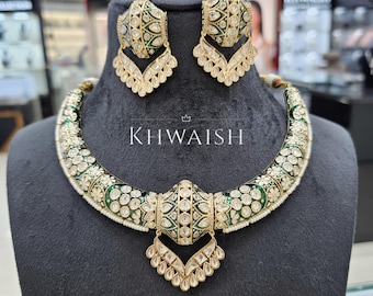 Green Meenakari Kundan Polki Silver Choker Necklace and Earrings, Indian Jewelry