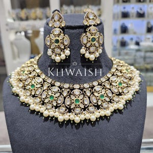 Victorian Emerald Green Uncut Kundan Polki Silver Pearls Choker Necklace & earrings,Polki jewelry,Kundan necklace,Indian,Sabyasachi jewelry