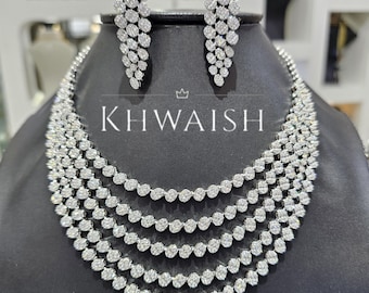 Classy Oval Cut Diamond Stones Silver Cz Statement Five Layered Necklace set and earrings, Diamond jewelry Diamond necklace,Indian jewelry