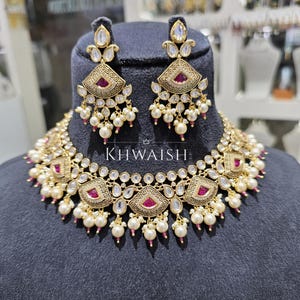 Ruby Antique Gold Kundan Polki Silver Pearls Choker Necklace & earrings Set,Polki jewelry,Kundan necklace,Indian jewelry,Sabyasachi jewelry