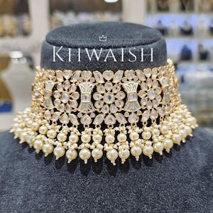Mint Green Enamel Kundan Polki Silver Pearls Choker Necklace & earrings Set,Polki jewelry,Kundan necklace,Indian jewelry,Sabyasachi jewelry