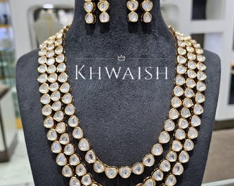 Elegant Uncut Kundan Polki Three lines Silver Long Necklace & earrings Set,Polki Kundan set,Indian jewelry,Sabyasachi jewelry