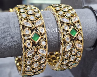 Kundan Emerald Polki Silver Bangles, Indian Jewelry
