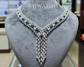Statement Blue Sapphire CZ Waterfall Necklace and Earrings Set