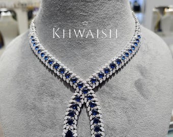 Blue Sapphire CZ Silver Waterfall Necklace & Earrings Set