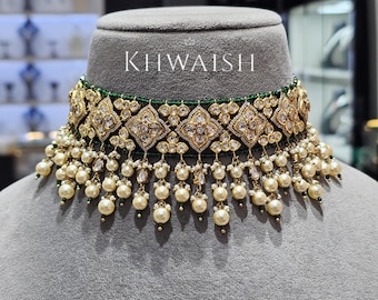 Emerald Green Uncut Kundan Polki Victorian Silver Choker Necklace & earrings Set,Kundan necklace, Indian Polki jewelry, Sabyasachi jewelry