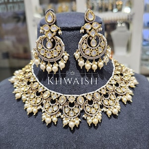 Victorian Uncut Kundan Polki Silver Pearls Choker Necklace & Chandbali earrings,Polki jewelry,Kundan necklace,Indian,Sabyasachi jewelry