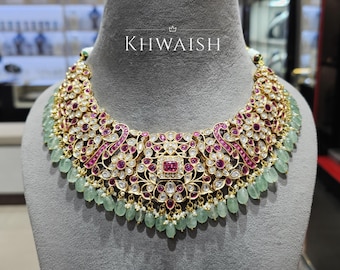 Grand Ruby Jadau Mint Green Pearls Uncut Kundan Polki Silver Choker Necklace & earrings Set,Sabyasachi jewelry