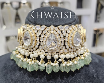 Mint Green Kundan Polki Choker Necklace, Indian Jewelry Set