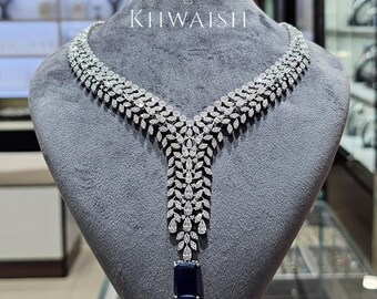 Blue Sapphire CZ Silver Drop Necklace and Earrings Set