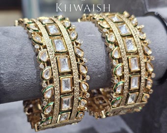 Kundan Statement Antique Gold Polki Openable Silver Bangles Bracelet Kara,Kundan jewelry,Indian jewelry,Sabyasachi jewelry,Polki