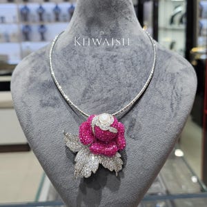 Grand Ruby Floral Pink Petals Micro Diamond Pearl Princess Cut Silver Stones Cz Statement Pendant Chain Necklace set and earrings