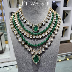 Emerald Uncut Kundan Polki Victorian Silver Long Necklace & earrings Set,Polki jewelry,Kundan necklace,Indian jewelry,Sabyasachi jewelry