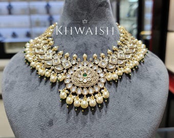 Emerald Green Uncut Kundan Polki Silver Pearls Choker Necklace & earrings,Polki jewelry,Kundan necklace,Indian,Sabyasachi jewelry