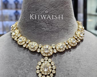 Uncut Mossianite Polki Kundan Silver Choker Pendant Necklace & Earrings, Indian Jewelry, Sabyasachi style
