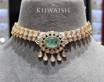 Mint Emerald Green Uncut Kundan Polki Victorian Choker Necklace & earrings Set,Kundan necklace,Indian Polki jewelry,Sabyasachi jewelry