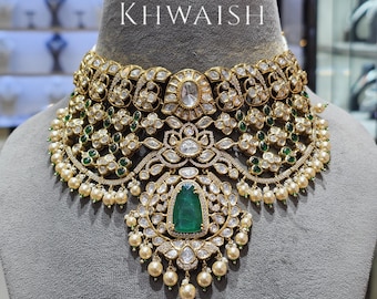 Emerald Uncut Kundan Polki Silver Pearls Choker Necklace Set,Polki jewelry,Kundan necklace,Indian jewelry,Sabyasachi jewelry