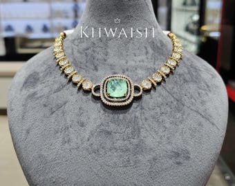Mint Green Kundan Polki Silver Choker Necklace & Earrings Set