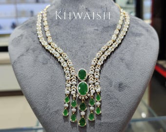 Emerald Green CZ Silver Statement Necklace and Earrings Set