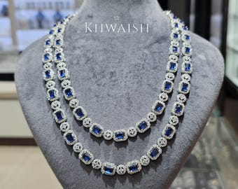 Blue Sapphire Diamond Emerald Cut Stones Silver Cz Two lines Layered Necklace set and earrings, Diamond jewelry,Blue necklace,Cz jewelry
